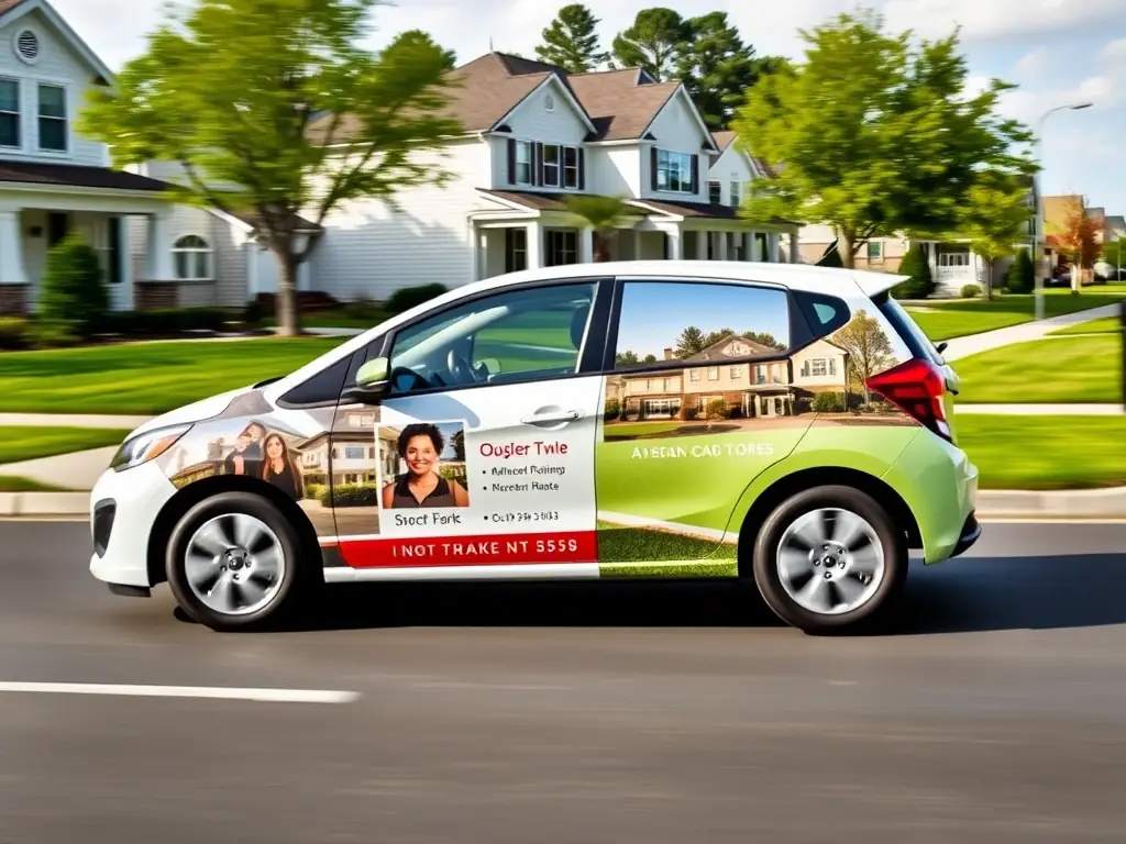 A professional car wrap advertisement for a real estate agency, featuring property listings and contact information, driving through residential neighborhoods.