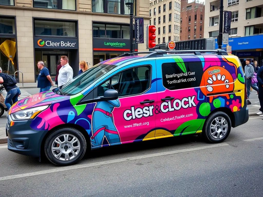 A car fully wrapped with a vibrant advertisement for a local restaurant, driving through a busy downtown street in Austin, Texas, showcasing the effectiveness of mobile advertising.