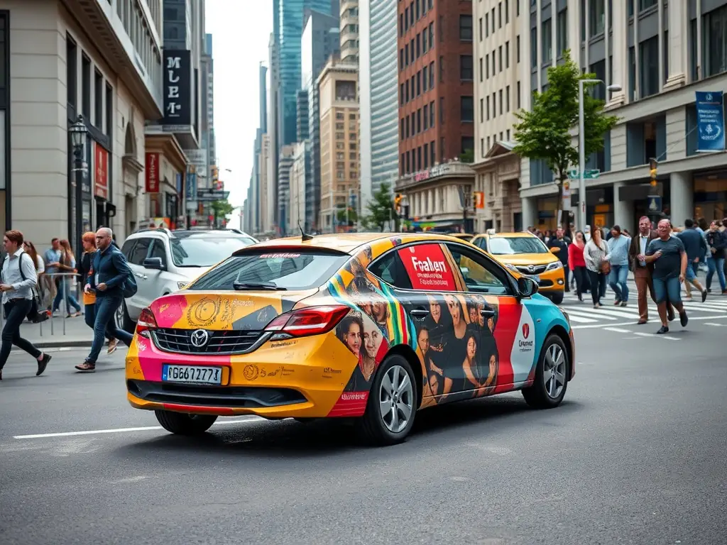 A vibrant car wrap advertisement for a local restaurant, showcasing their logo and menu items, driving through a busy downtown area.
