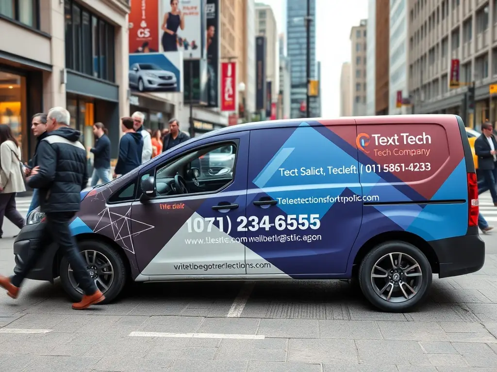 A sleek car wrap advertisement for a tech startup, displaying their website and a QR code, parked near a tech conference venue.